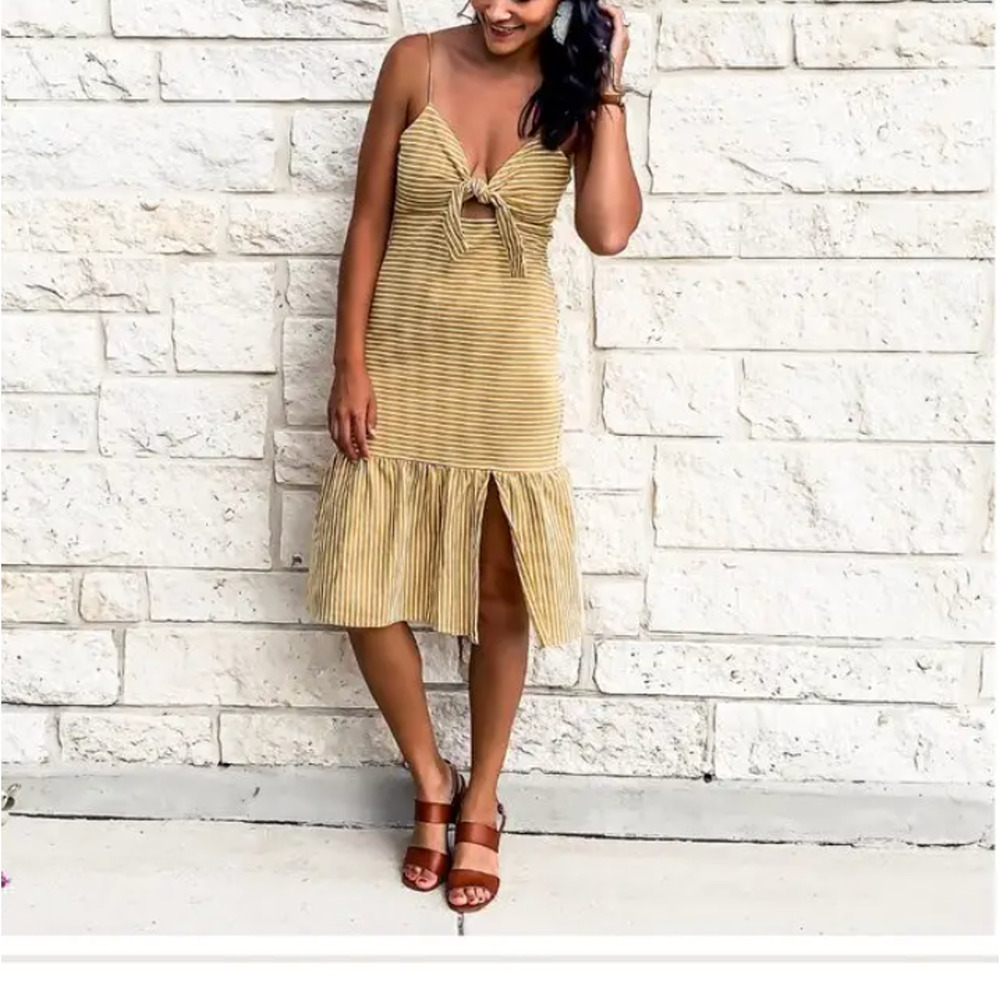Saylor Mustard Striped Midi Slip Dress MEDIUM Bodycon Vacation Bow Pinup $200 - Picture 4 of 15